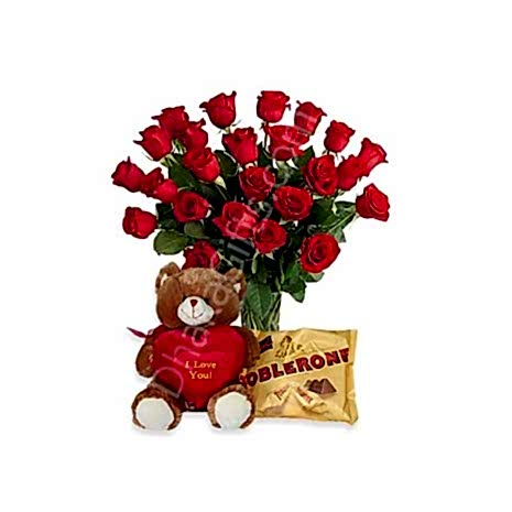 Send 12 Red Roses,I Love U Bear with Toblerone Chocolate