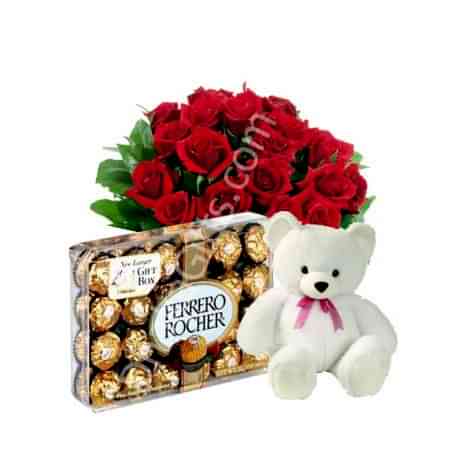 Send 12 Red Roses,White Bear with Ferrero Rocher Chocolate Box