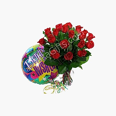 send 24 red rose vase with birthday balloon to dhaka in bangladesh