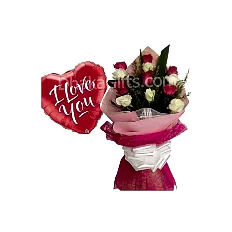 Send 12 Red & White color Roses in Bouquet with 1 I Love You Balloon to Dhaka in Bangladesh