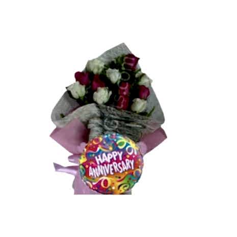 send 12 red and white roses with balloon to dhaka in bangladesh