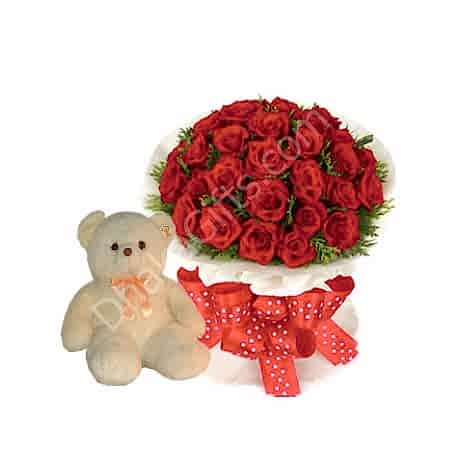 Send to 24 Red Roses in Bouquet with Lovely Teddy Bear to Dhaka