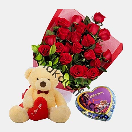 12 Red Roses,Bear with  Eclairs Chocolate in box