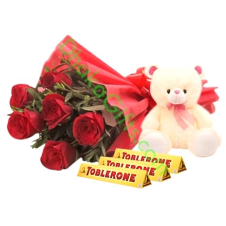 6 Red Roses & Toblerone Chocolate w teddy Bear
