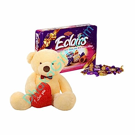 Medium teddy Bear With imported Eclairs Chocolate in a box