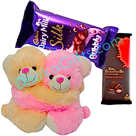 send love joint bear with bournville hazelnut chocolate & dary milk chocolate to Dhaka