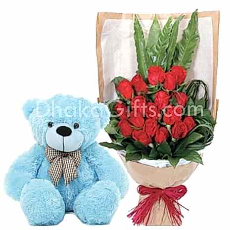 24 Red Roses & Medium size teddy Bear