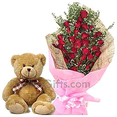 24 Red Roses Bouquet with Cute Medium size teddy Bear