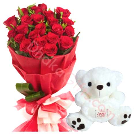 24 Red Roses Bouquet With Medium teddy Bear