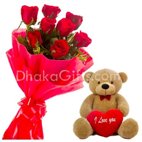 8 Red Roses Bouquet with teddy Bear
