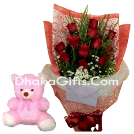 12 Mixed Roses Bouquet With Medium Teddy Bear