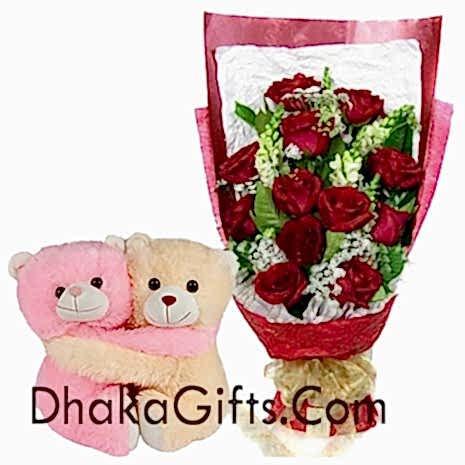 12 Roses & Seasonal Flower With Lovely Medium Teddy Bear