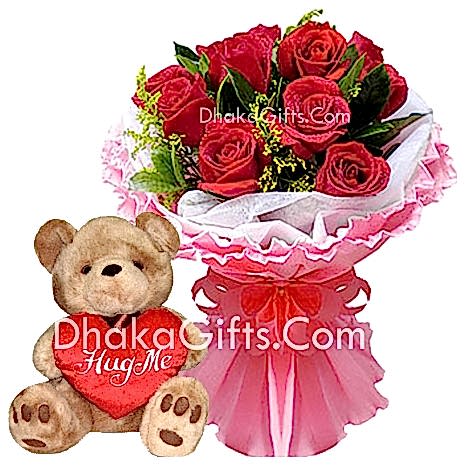 8 Red Roses Bouquet with Medium teddy Bear