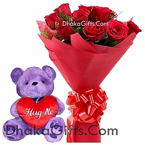 Send 12 Red Roses with FREE vase & Lovely Teddy Bear to Dhaka in Bangladesh