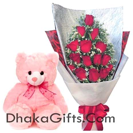 12 Red Roses & Lovely Teddy Bear