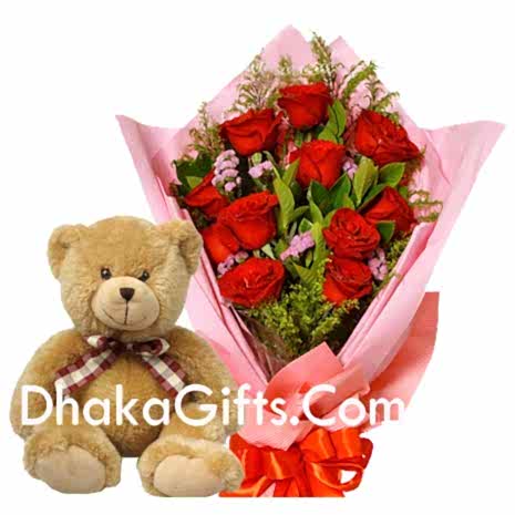Send to12 Red Roses in Bouquet With Cute Teddy Bear to bangladesh