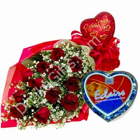 send eclairs chocolate in heart shape box with red roses to dhaka