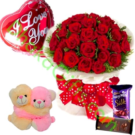 24 Roses with chocolates,Mylar Balloon & Hug Bear