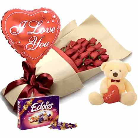12 Red Roses With Small bear,Eclairs Chocolate in box & Balloon