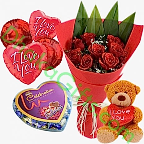 send roses bouquet with eclairs chocolate in box,balloon & bear to bangladesh