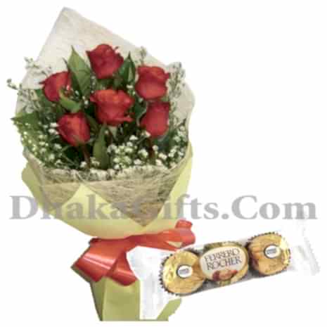 6 pieces red rose with ferrero chocolate to philippines