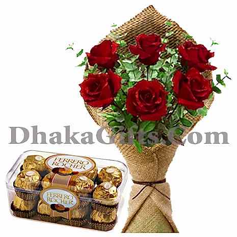 16 pieces ferrero chocolates with 6 red roses bouquet to philippines