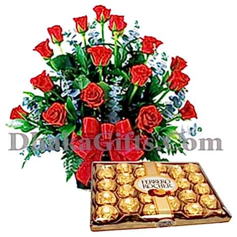 12 pieces red rose with 16 pieces ferrero rocher chocolate to philippines