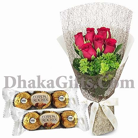 2 packets ferrero chocolates with 6 pieces red rose bouquet to philippines