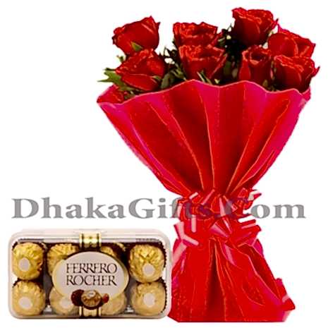 6 pieces red rose with 16 pieces ferrero chocolate to philippines