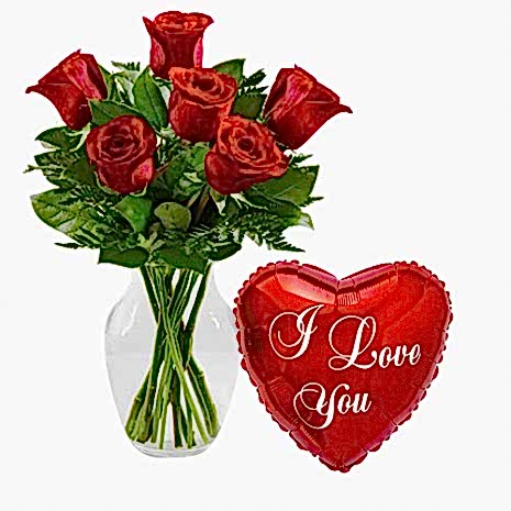 6 Red Roses FREE Vase & Annieversary Balloon to Dhaka