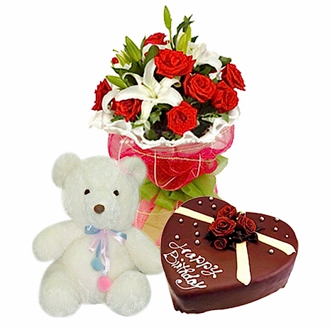 Rose and Lily with Small teddy and Heart Shape Cake