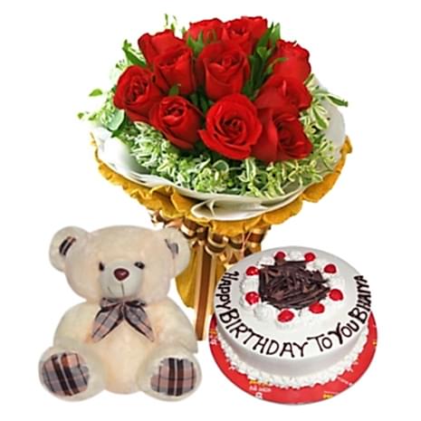 Small Teddy with 12 Red Roses and Cake by Well Food