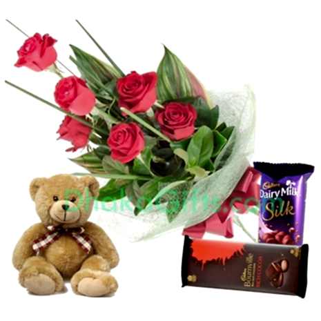 6 Red Roses With Small Bear & Chocolates