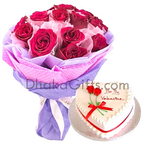 send 12 pcs roses with heart shaped cake by cooper's to bangladesh