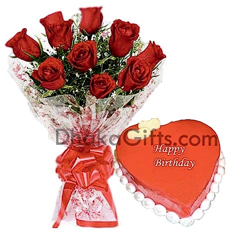 send red roses bouquet with vanila heart cake to bangladesh