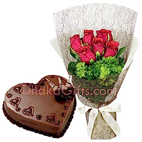 send 6 pcs roses with chocolate heart cake by mr.baker to bangladesh