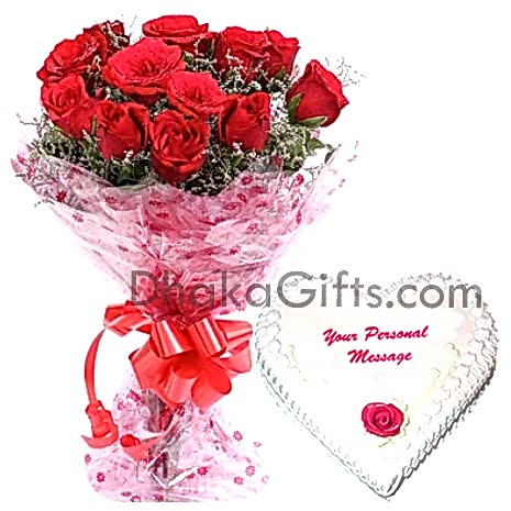 send 12 red roses with vanilla heart cake to bangladesh