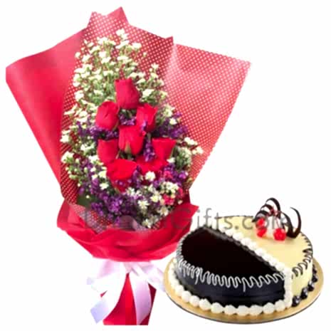 send chocolate and vanilla mix round cake with roses bouquet to dhaka