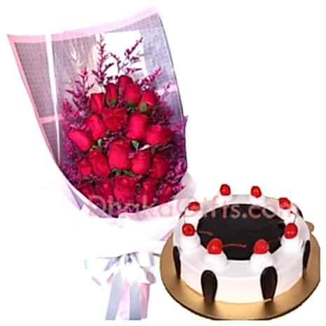 send black forest round cake with red roses bouquet to bangladesh