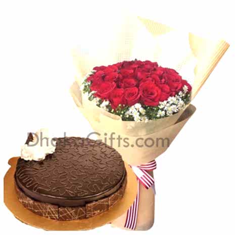 send chocolate coated round cake with roses bouquet to bangladesh