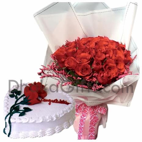 send vanilla heart shape cake with red roses in bouquet to dhaka