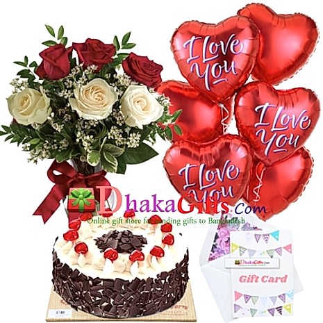send 6 pcs roses in vase,6 pcs balloon with cake to dhaka