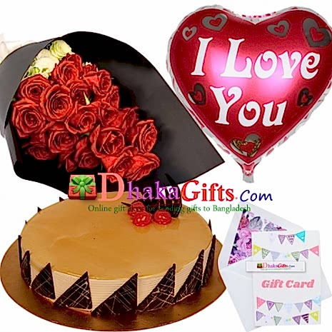 delivery gifts two dozen red roses bouquet, mylar balloon with cake to dhaka
