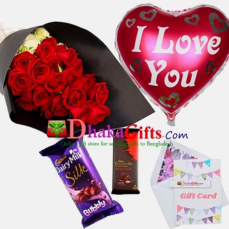 send red roses bouquet,mylar balloon with chocolates to dhaka