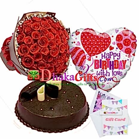 send three dozen red roses bouquet,balloon with cake to dhaka