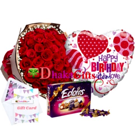 send 50 red roses bouquet,balloon with chocolates to dhaka