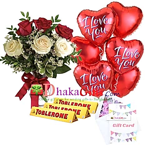 send 6 pcs roses in vase, 6 pcs balloon with chocolates to dhaka