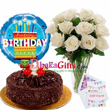 send one dozen white roses in vase,balloon with cake to dhaka