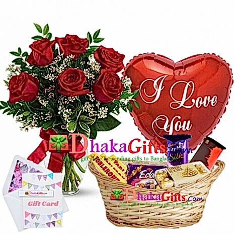 send roses in vase, balloon with chocolates basket to dhaka