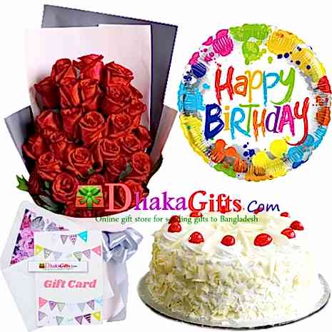 send two dozen red roses bouquet, balloon with cake to dhaka
